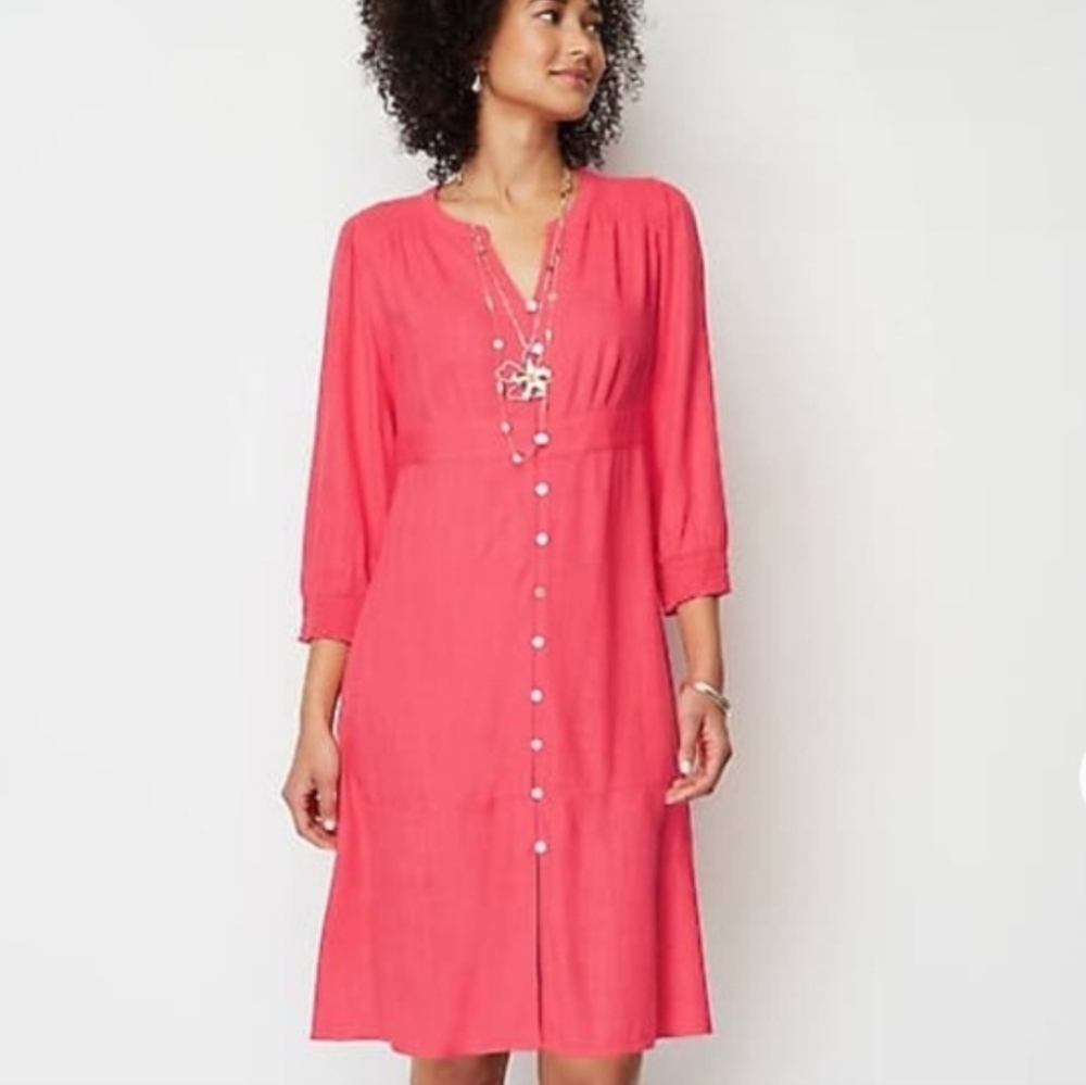 J. Jill Pink Courtyard Linen Blend Button Front 3/4 Sleeve Midi Dress Plus 2X